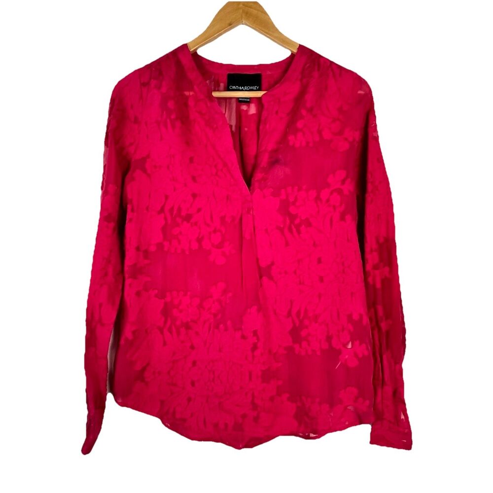 Cynthia Rowley Sheer Floral Burnout Blouse XS Berry Red Silk Blend Long Sleeve - Picture 12 of 13